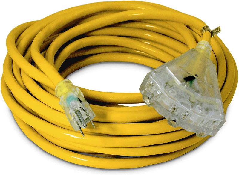 Photo 1 of 50-ft 12/3 Heavy Duty 3-Outlet Lighted SJTW Indoor / Outdoor Extension Cord by Watt's Wire - 50' 12-Gauge Grounded 15-Amp Power-Cord (50 Foot 12-Awg)
