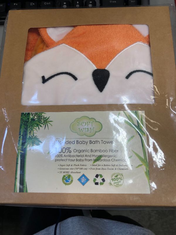 Photo 2 of Fox Style Bamboo Baby Hooded Bath Towel & Washing Glove Set - Size 40x28”, Soft and Comfortable, Ultra Absorbent, 100% Natural for Baby (Orange)