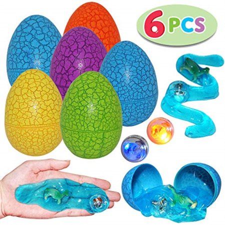 Photo 1 of 6 Pcs Prefilled Jumbo Easter Dinosaur Eggs Filled with Crystal Putty Slime & Figures for All Ages Kids Easter Theme Party Favor, Easter Hunt Game