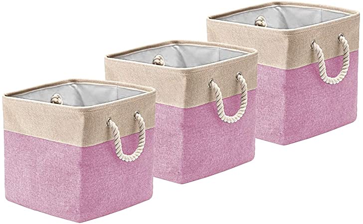 Photo 1 of BeigeSwan Foldable Canvas Fabric Storage Basket [Set of 3] Collapsible Organizer Bins Cubes with Cotton Rope Handles - 13 x 13 x 13 inches (Cream/Pink)
