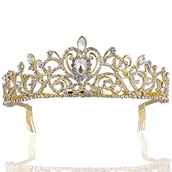 Photo 1 of Sppry Women Tiara with Comb - Gorgeous Crystal Crown for Bridal Princess Girls at Wedding Birthday Pageant (Gold)
