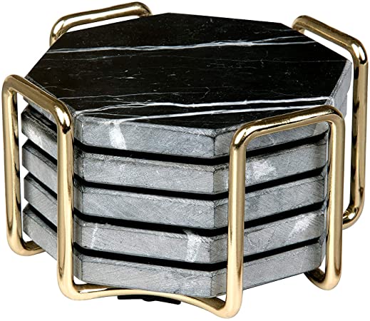 Photo 1 of D’Eco Black Marble Coasters with Gold Holder for Drinks- Set of 5 - Tabletop Protection for Any Table Type- Fits Any Size Wine Glasses