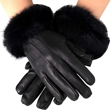 Photo 1 of  Alpine Swiss Womens Leather Dressy Gloves Rabbit Fur Trim Cuff Thermal Lining
SMALL