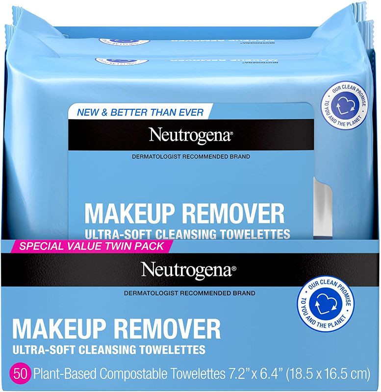 Photo 1 of "Neutrogena Makeup Remover Cleansing Face Wipes, Daily Cleansing Facial Towelettes to Remove Waterproof Makeup and Mascara, Alcohol-Free, Value Twin Pack, 100Count, 4 pack 
