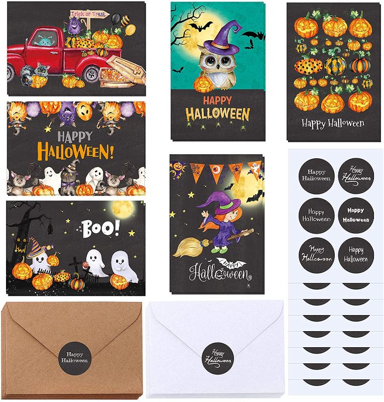 Photo 1 of 120 Sets Bulk Blank Halloween Cards with Envelopes Stickers Assortment 6 Designs of Chalkboard Vintage Halloween Jack-O'-Lantern Ghost Owl Pumpkin Greeting Cards Note Cards 4 x 6 for Halloween Fall
