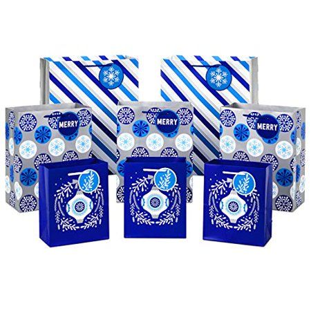 Photo 1 of Hallmark Holiday Gift Bag Assortment, Blue and Silver (Pack of 8 Gift Bags; 3 Small 6", 3 Medium 9", 2 Large 13") Ornaments, Snowflakes, Stripes
