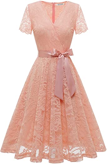 Photo 1 of Bbonlinedress Women Lace Cocktail Prom Dress Short Sleeve V-Neck Bridesmaid Dress for Wedding Guest xxl