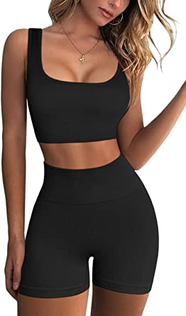 Photo 1 of FAFOFA Workout Sets for Women 2 Piece Seamless Ribbed Crop Tank High Waist Shorts Yoga Outfits M