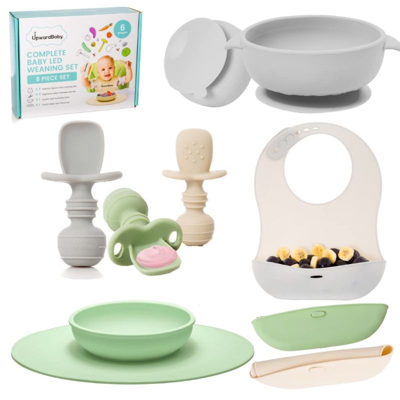 Photo 1 of Baby Led Weaning Feeding Supplies for Toddlers - UpwardBaby Baby Feeding Set - Suction Silicone Baby Bowl - Self Eating Utensils Set with Spoons, Bibs, Placemat - Dishwasher-Safe Infant Food Plate Kit