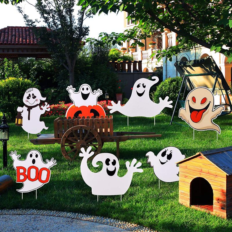 Photo 1 of FiGoal 7 Pack Halloween Yard Signs Halloween Ghost Corrugated Yard Stake Signs Outdoor Props Decorations with Stakes for Halloween Yard/Lawn Decorations