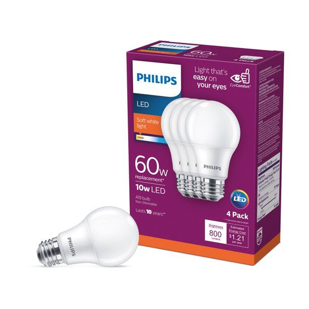 Photo 1 of Philips LED Light Bulb, A19, Soft White, 60 WE, 4 Ct
