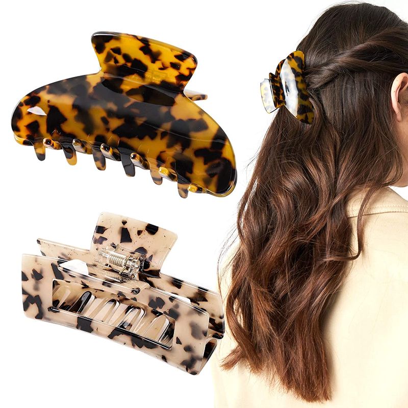 Photo 1 of 2Pcs Hair Claw Banana Clips Tortoise Barrettes for Women Girls Thick Curly Long Hair Celluloid French Design Jaw Clamp Leopard Print Large Fashion Accessories Nonslip Christmas Birthday Gift Set(2)