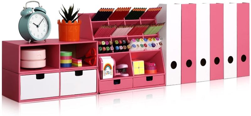 Photo 1 of Pink Desk Organizer Set with 6 Magazine File Holder Organizer 4 Drawers & 16 Compartments - Huge Capacity stationary organizer for Home, School, Office Supplies, FSC Certified Cardboard, DIY Project