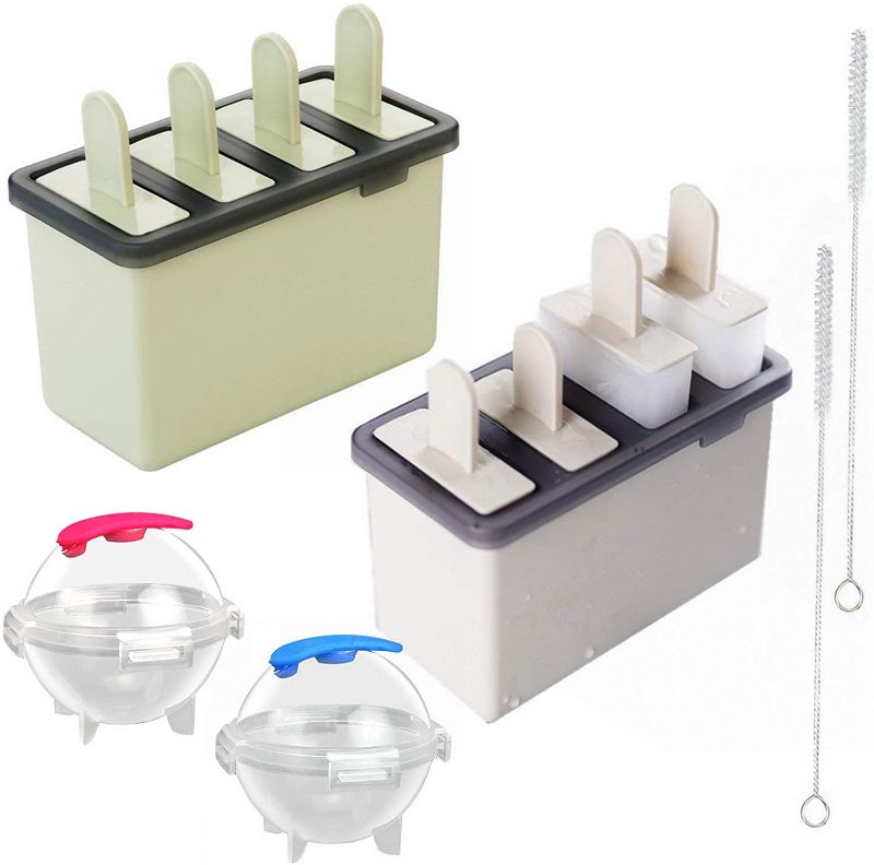 Photo 1 of Arestle 2pcs Plastic Ice Popsicles Molds with Reusable Sticks and Holder Box+2pcs Ice Ball Maker Molds+2pcs Long Cleaning Brushes (Green+Beige)

