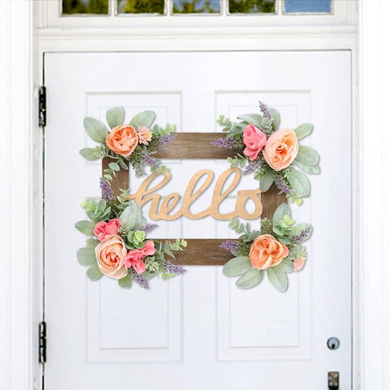 Photo 1 of Hello Wreaths for Front Door, 14.25" Rusitc Wooden Welcome Sign Decorations with Rose/Lambs Ear, for Wall Home Farmhouse Spring Summer Decor, Indoor/Outdoor.
