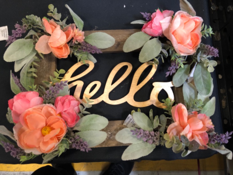 Photo 2 of Hello Wreaths for Front Door, 14.25" Rusitc Wooden Welcome Sign Decorations with Rose/Lambs Ear, for Wall Home Farmhouse Spring Summer Decor, Indoor/Outdoor.
