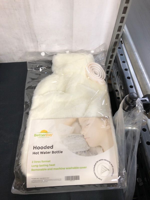 Photo 3 of [New!] BetterDay® Hooded Hot Water Bottle™ - Hot Water Bottle with Cover British Standard 1970:2012 Natural Rubber and Removable Cover - 2 Litre Large Hot Water Bottle with Soft Fluffy Cover (White)
