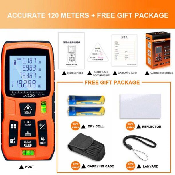 Photo 1 of 120M Laser Rangefinder High Precision Infrared Distance Meter Indoor Measuring with 2 Bubble Levels, Backlit LCD and Pythagorean Mode, Measure Distance, Area and Volume - Carry Pouch
