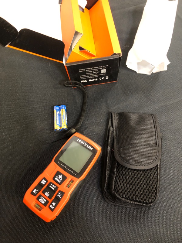 Photo 2 of 120M Laser Rangefinder High Precision Infrared Distance Meter Indoor Measuring with 2 Bubble Levels, Backlit LCD and Pythagorean Mode, Measure Distance, Area and Volume - Carry Pouch
