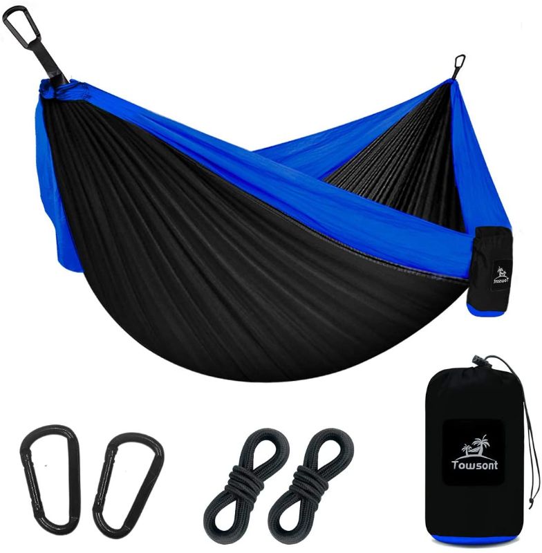 Photo 1 of `Towsont Camping Hammock Double & Single Portable Hammock with Tree Ropes, Lightweight Nylon Parachute Hammocks Camping
