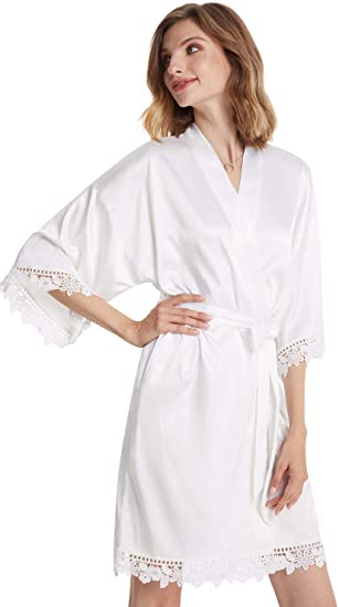 Photo 1 of AW BRIDAL Women's Silk Robe Satin Robe with Lace Trim?Bridal Party Robe Bridesmaids Robes Bride Robe for Wedding Day
 SIZE XL 