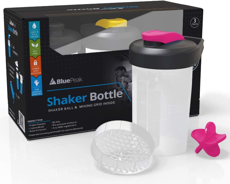 Photo 1 of BluePeak Protein Shaker Bottle 20 oz with Dual Mixing Technology, Strong Loop Top, BPA Free, Shaker Balls & Mixing Grids Included - On-The-Go Small Protein Shakers (3 Pack - Black, Yellow, Pink)
