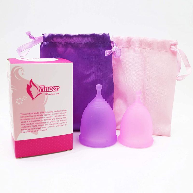 Photo 1 of Aneer Menstrual Cup Moon Cup Tampon and Pad Alternative, Set of 2 Cups, 1 Large 1 Small Period Cup with 2 Carry Bags, Always Stayfree (Small & Large Set)

