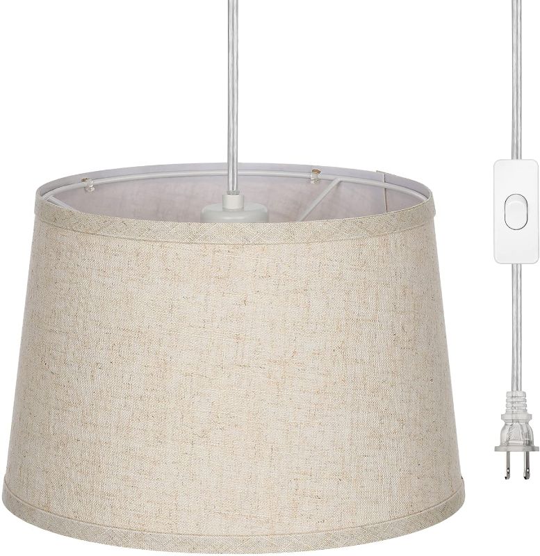 Photo 1 of EDISHINE Plug in Pendant Light, Hanging Light with 15Ft Clear Cord, On/Off Switch, Beige Linen Shade, Hanging Light Fixture for Bedroom, Kitchen, Living Room, Dining Table
