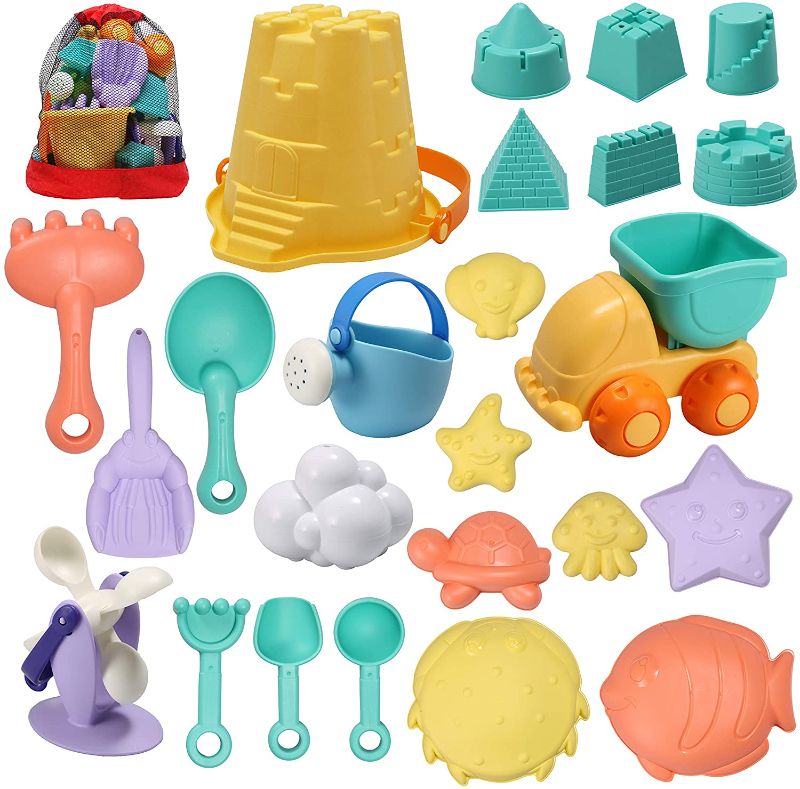 Photo 1 of JOYIN 24 Pcs Beach Sand Toys Set with Mesh Bag Includes Sand Water Wheel, Sandbox Vehicle, Sand Molds, Bucket, Sand Shovel Tool Kits, Eco-Friendly Sand Toys for Toddlers Kids Outdoor Play
