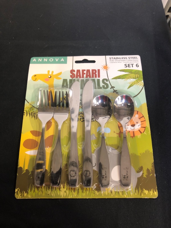 Photo 2 of ANNOVA Kids Silverware 6 Pieces Children's Safe Flatware Set Stainless Steel - 2 x Safe Forks, 2 x Table Knife, 2 x Tablespoons, Toddler Utensils Safari, for Lunchbox (Etched Elephant, Giraffe, Lion)
