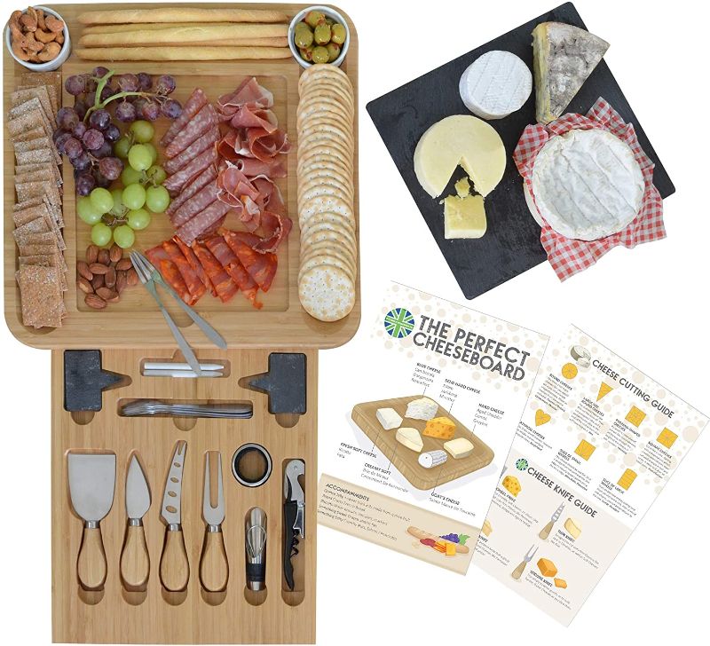 Photo 1 of Complete Cheese Board Set. Cotswold Homeware Co Charcuterie Board Set - Wooden Cheese Serving Platter +Slate Cheese Cutting Board and Cheese Knife set, Perfect Housewarming, Birthday and Wedding Gift
