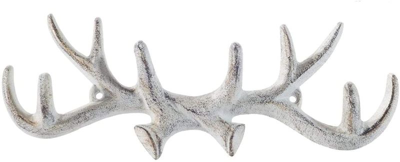 Photo 1 of Comfify Vintage Cast Iron Deer Antlers Wall Mounted Hooks | Antique Finish Metal Clothes Hanger Rack w/Hooks | Includes Screws and Anchors | in Antique White
