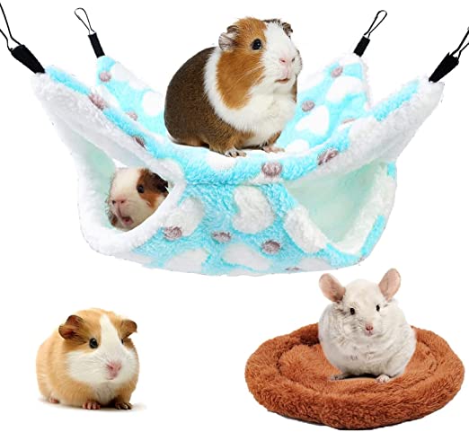 Photo 1 of 2 Pcs Guinea Pig Hamster Hanging Hammock and Warm Bed Soft Mat Set Hamster Mats for Hedgehog Chinchilla Small Pet Cage Hammock Hideout Tunnel Cave Rat Ferret Squirrel Bearded Dragon Small Pet-Blue
