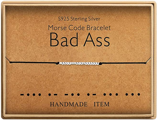 Photo 1 of KGBNCIE Bad Ass Bracelet Morse Code Jewelry Gift for Her Sterling Silver Beads on Silk Cord Inspirational Gift for Her
