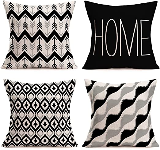 Photo 1 of Yameeta Set of 4 Throw Pillow Covers Geometric 18x18 Inch Black White Farmhouse Home Decor Abstract Accent Arrows Cushion Cover Decorative Modern Outdoor Indoor Pillow Case for Couch, Cotton Linen
