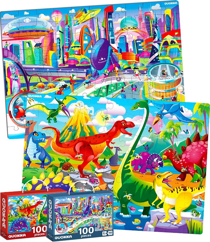 Photo 1 of 100 Pieces Floor Puzzles for Kids Ages 4-8 – 2 Jigsaw Toddler Puzzles 3-5 Years Old by QUOKKA – Games for Learning Dinosaurs and New York of The Future - Gift Dino Toy to Boy and Girl 6-8-10-12
