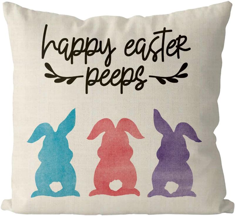 Photo 1 of Happy Easter Pillow Covers 18x18 Inch Bunny Rabbit Cute Throw Pillowcase Home Sofa Bedroom Decor Cushion Case Spring Holiday Seasonal Farmhouse Decorations
 2 COUNT 