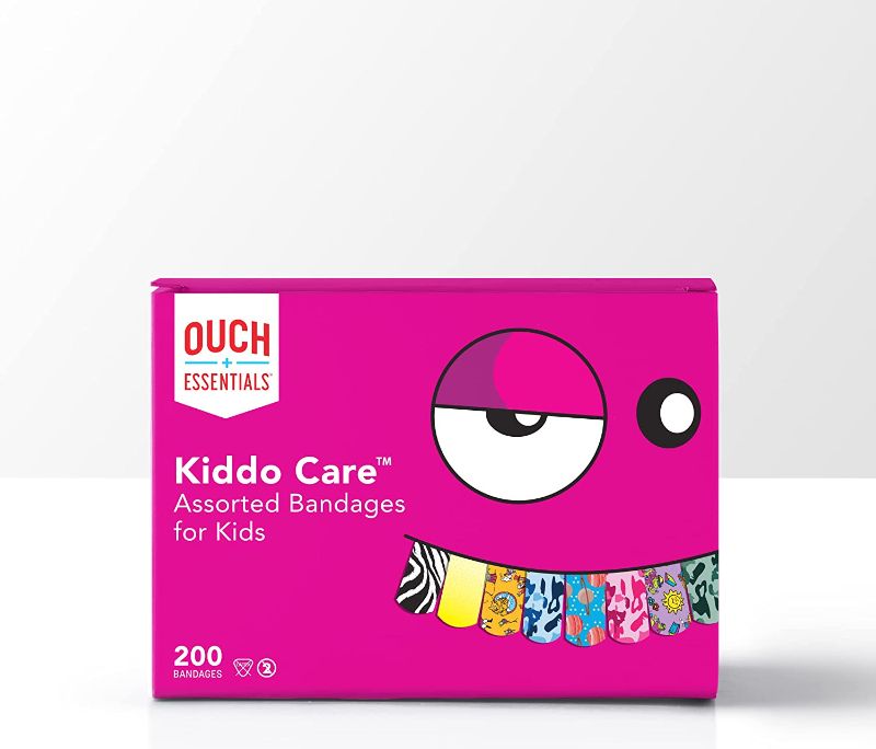 Photo 1 of 2PC LOT, Ouch Essentials Kiddo Care - Kids Adhesive Bandages, Assorted Styles, 200 Count, HIWUP Colored Disposable Face Masks 50 Pack, PFE 99% Face Mask Suitable For Adults And Teens

