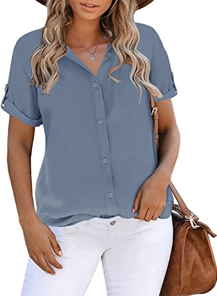 Photo 1 of Inorin Womens Button Down Shirts Short Sleeve Collared Work Business Office Casual V Neck Tops Blouses
 SIZE S 
