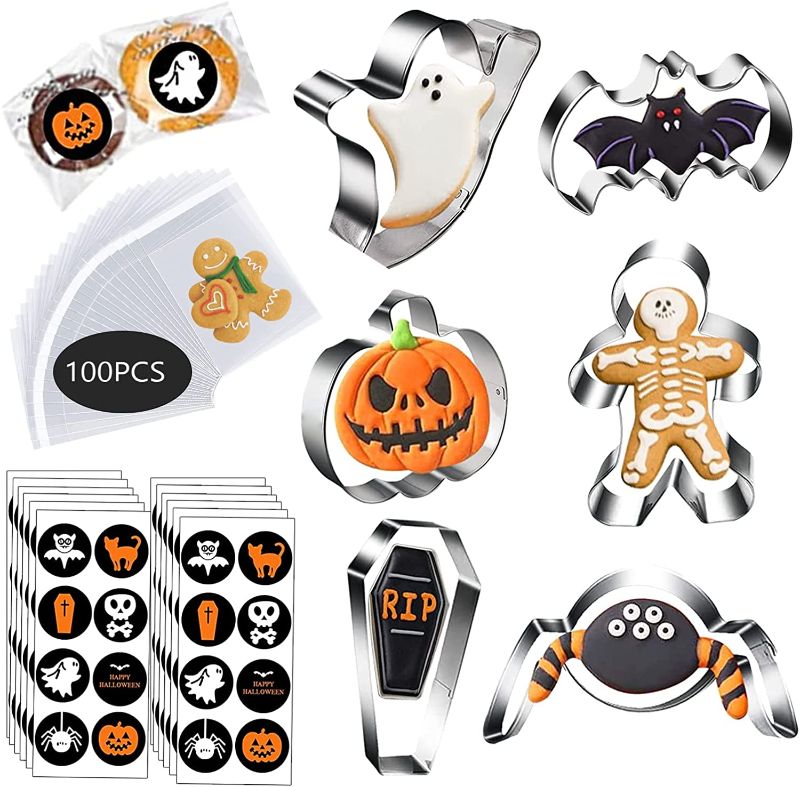 Photo 1 of CMD Halloween Pumpkin Cookie Cutters, Christmas Thanksgiving Metal Mini Cookie Cutters (with 100 Pcs Cookie Bags And 100 Pcs Stickers)
 3 COUNT 