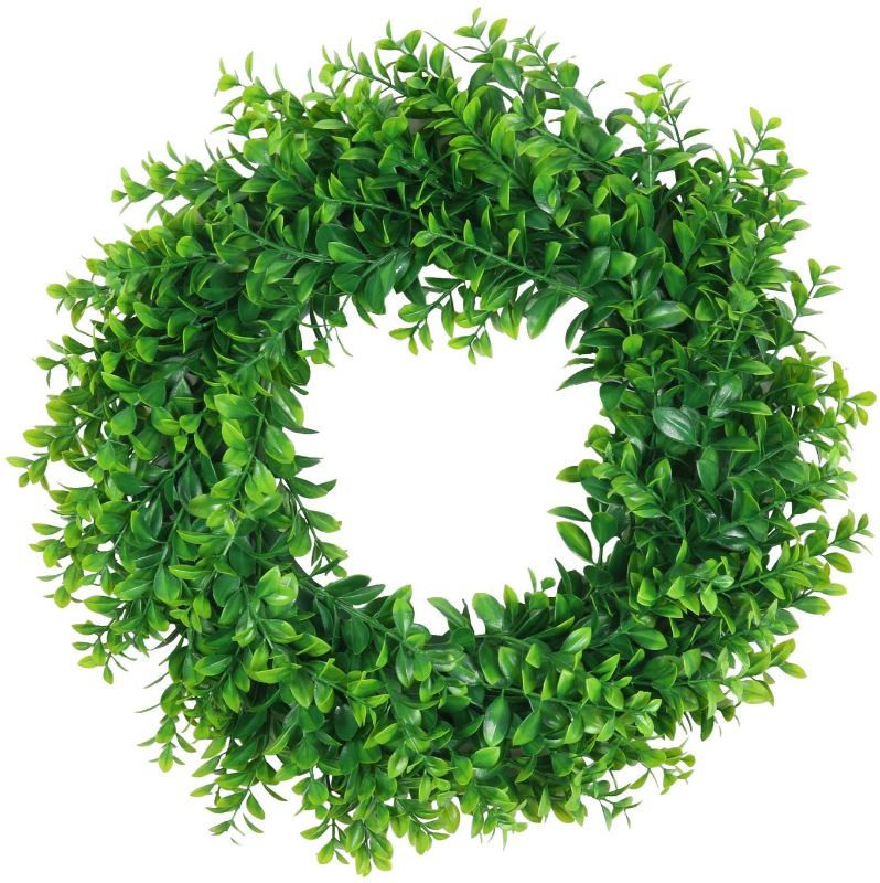 Photo 1 of  Artificial Green Leaves Wreath 16" Boxwood Wreath Farmhouse Greenery Wreath for Front Door Hanging Wall Window Party Decoration (16" Boxwood)