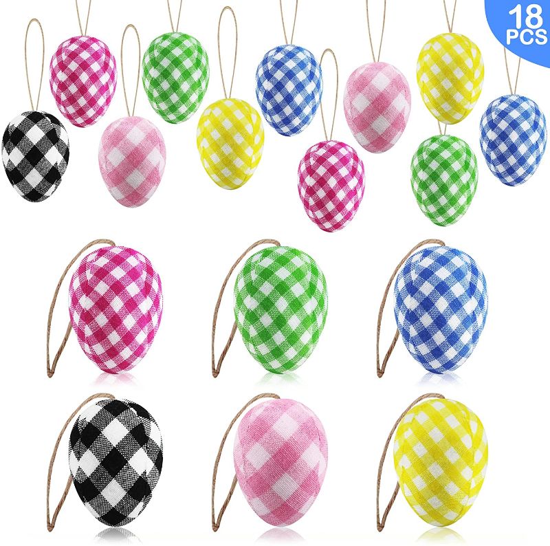 Photo 1 of 18Pcs Easter Buffalo Plaid Eggs Hanging Ornaments- Easter Decorations- Colorful Foam Decorative Eggs Baubles for Easter Tree Basket Filler- Spring Easter Party Farmhouse Home Office Decor Easter Gift
 3 COUNT