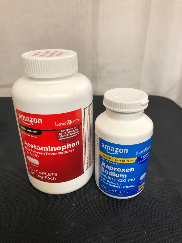 Photo 1 of 2PC LOT, Amazon Basic Care Naproxen Sodium Tablets, 300 Count EXP 05/22, Amazon Basic Care Extra Strength Pain Relief, Acetaminophen Caplets, 500 mg, 500 Count (Pack of 1) EXP 11/22
