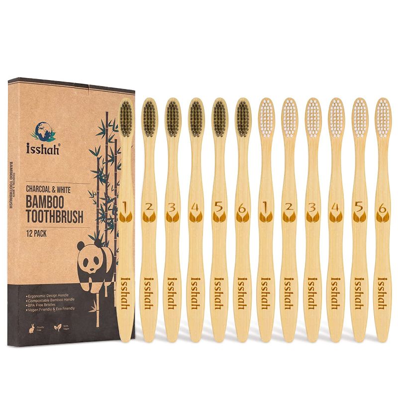 Photo 1 of Biodegradable Eco-Friendly Natural Bamboo Charcoal Toothbrushes - Pack of 12, 4 COUNT 