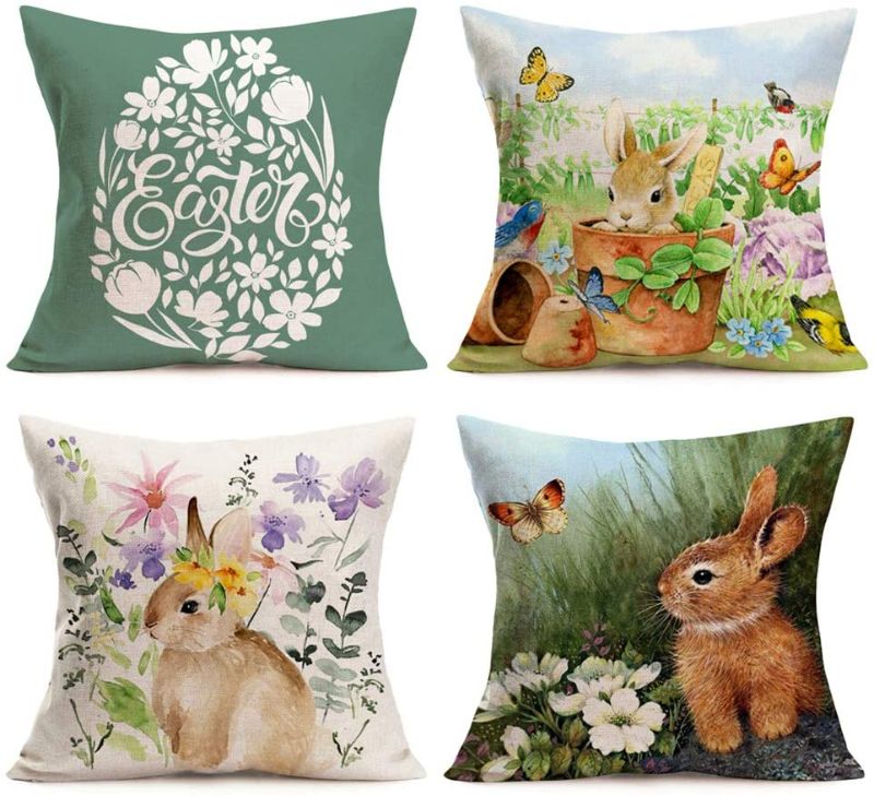 Photo 1 of Easternproject Lovely Cartoon Bunny Throw Pillow Covers Set of 4 Cotton Linen Easter Rabbit with Flower Plant Butterfly Accent Decorative Cushion Cover 18’’x18’’ Square Pillow Cases
