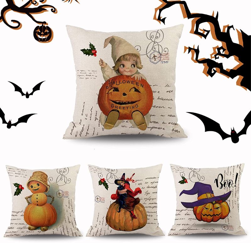 Photo 1 of 2PC LOT, Halloween Throw Pillow Covers 18 X 18 Inch Set of 4 Halloween Pumpkin Cushion Covers Linen Fabric Pillowcases for Home Sofa Bedroom Car Decor, Fall Garden Flag Farmhouse Decor, 12.5 x 18.5 inch Yard Flag Harvest Thanksgiving Autumn Pumpkin Gnome 