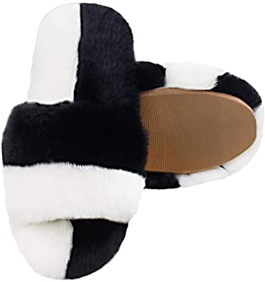 Photo 1 of Magtoe Women's Slippers Faux Synthetic Fur House Indoor Outdoor Shoes Non Slip, Black White
 SIZE 9/10
