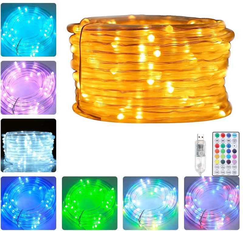 Photo 1 of YONGHE 100 LED Rope Lights Indoor Outdoor Waterproof 33ft 16 Colors Changing, String Fairy Twinkle Tube Lights USB with Remote 32 Modes Decorative for Christmas Gardens Camping Party Bedroom
