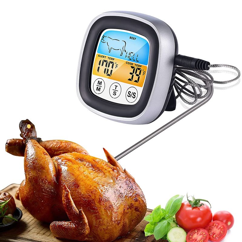 Photo 1 of 2PC LOT, Instant Digital Read Meat Thermometer, Kitchen Cooking Food Thermometer for BBQ Grill Smoker Oil Fry Candy Thermometer, with Large Touch Screen LCD Backlight and Magnet Digital Candy Thermometer (FACTORY SEALED), Stainless Steel Measuring Cup Mug