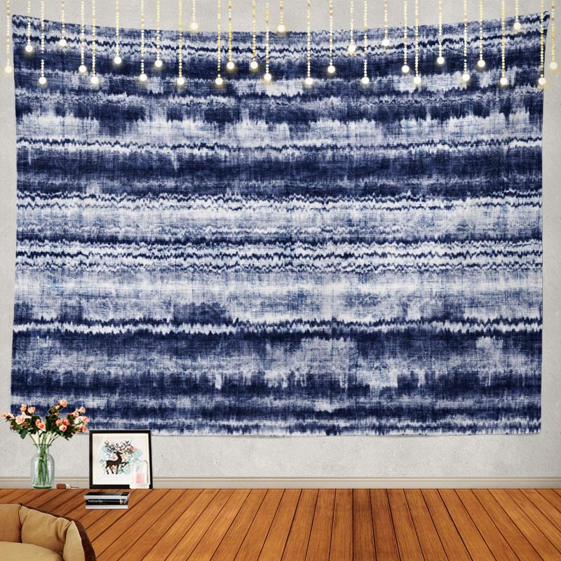 Photo 1 of 2PC LOT, Shrahala Striped Indigo Grunge Tapestry, Marbled Striped Indigo Seamless Pattern Grunge Ethnic Wall Hanging Large Tapestry Psychedelic Tapestry Decorations Bedroom Dorm(59.1 x 82.7 Inches, Indigo), Livole Flower Skull Tapestry Black and White Sun